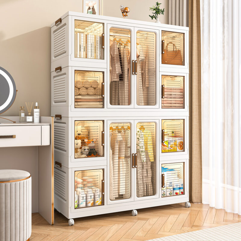 Portable Wardrobe Closet Storage Organizer for Clothes,Clothes Dresser,12 Magnetic Doors-12 Cubes & 2 Hanging Rod,16 pcs hangers , Baby Wardrobe Storage Cabinet,White - Image 2