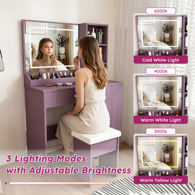 Stylish Vanity Desk Set with Padded Stool & Adjustable LED Lighted Mirror (3 Color Modes), Modern Bedroom Makeup Vanity Desk Combo, Purple - Image 7
