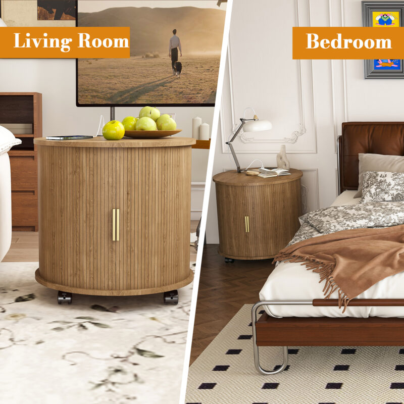Mid Century Modern Cylinder End Table with Built-in Charging Station & Sliding Door, 2-Tier Storage Round Nightstand with USB Ports, Walnut Bedside Table for Living Room, Bedroom, Entryway - Image 24