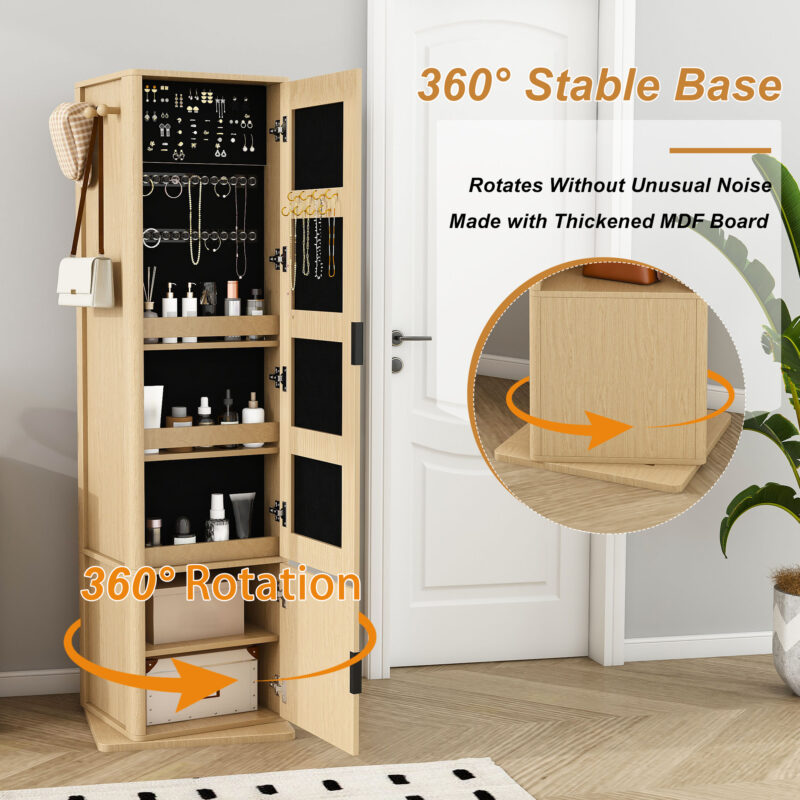 360° rotating makeup cabinet, jewelry cabinet with a full-length mirror, standing storage cabinet with a coat rack, 4 layers of open shelves and 2 layers of built-in shelves - Image 9