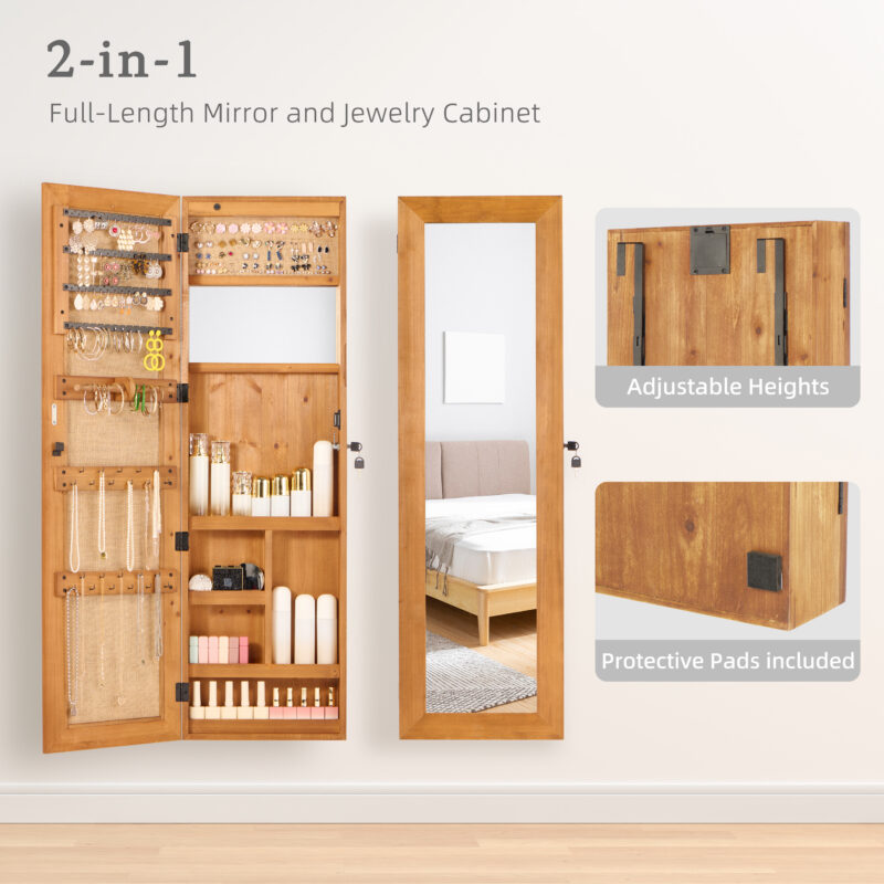 Solid Wood Jewelry Armoire Organizer Cabinet with Full-Length Mirror, 47.5x14.3 in Wall-Mounted Lockable with LED Light - Image 13
