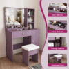 Stylish Vanity Desk Set with Padded Stool & Adjustable LED Lighted Mirror (3 Color Modes), Modern Bedroom Makeup Vanity Desk Combo, Purple - Image 6