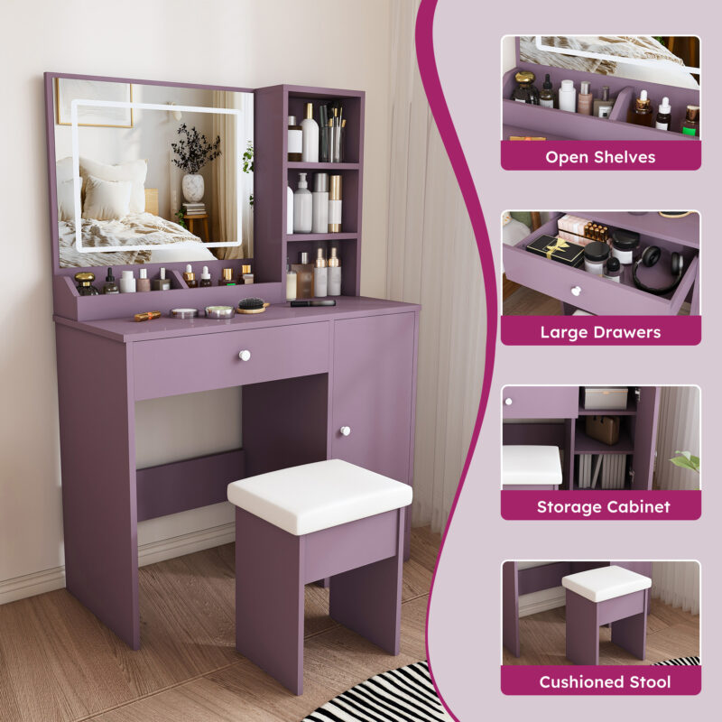 Stylish Vanity Desk Set with Padded Stool & Adjustable LED Lighted Mirror (3 Color Modes), Modern Bedroom Makeup Vanity Desk Combo, Purple - Image 6