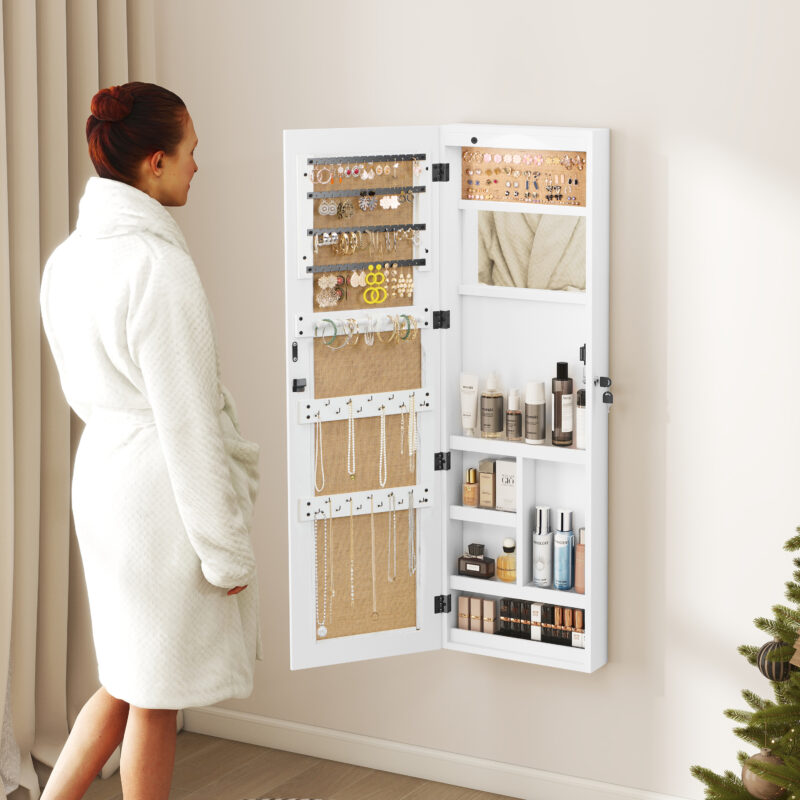 Solid Wood Jewelry Armoire Organizer Cabinet with Full-Length Mirror, 47.5x14.3 in Wall-Mounted Lockable with LED Light - Image 5