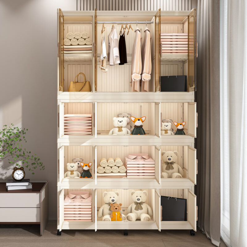 Portable Wardrobe Closet Storage Organizer for Clothes,Clothes Dresser,17 Magnetic Doors-17 Cubes & 1 Hanging Rod,6 pcs hangers , Baby Wardrobe Storage Cabinet,White - Image 2
