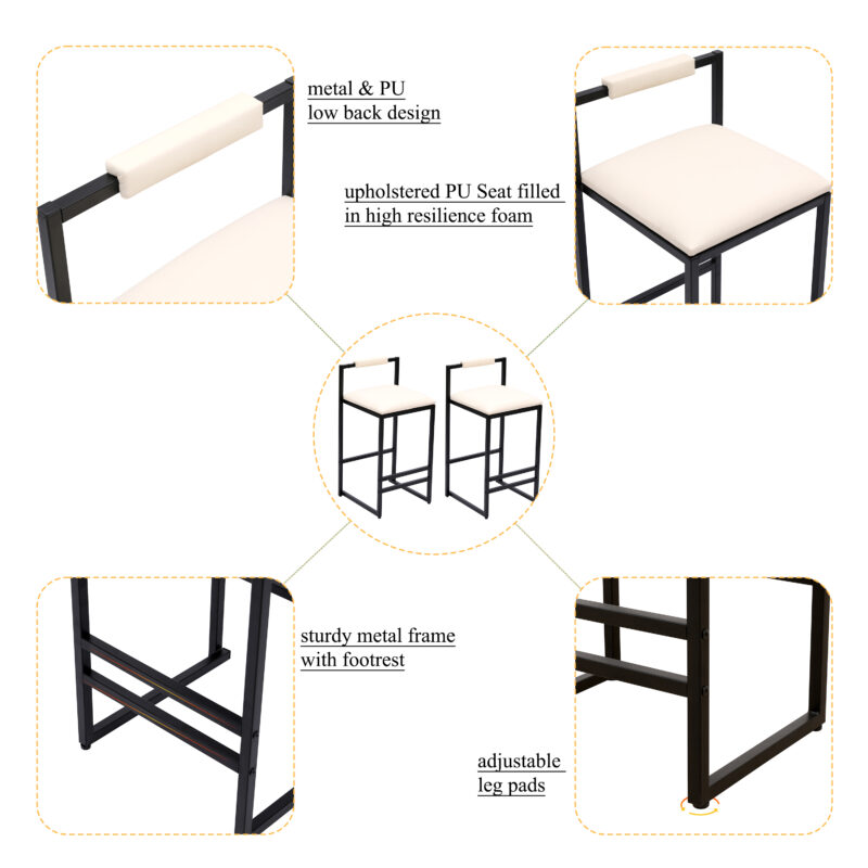 Set of 2 Barstools Faux Leather Upholstered Bar Stools Modern Metal Frame Dining Chairs for Counter, Kitchen Island - Image 7
