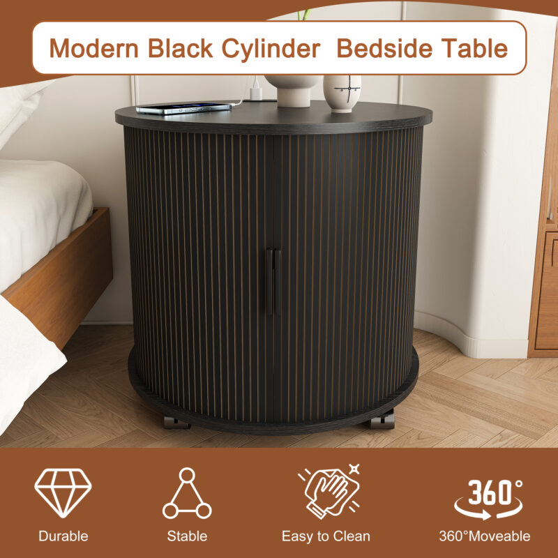 Mid Century Modern Cylinder End Table with Built-in Charging Station & Sliding Door, 2-Tier Storage Round Nightstand with USB Ports, Walnut Bedside Table for Living Room, Bedroom, Entryway - Image 15
