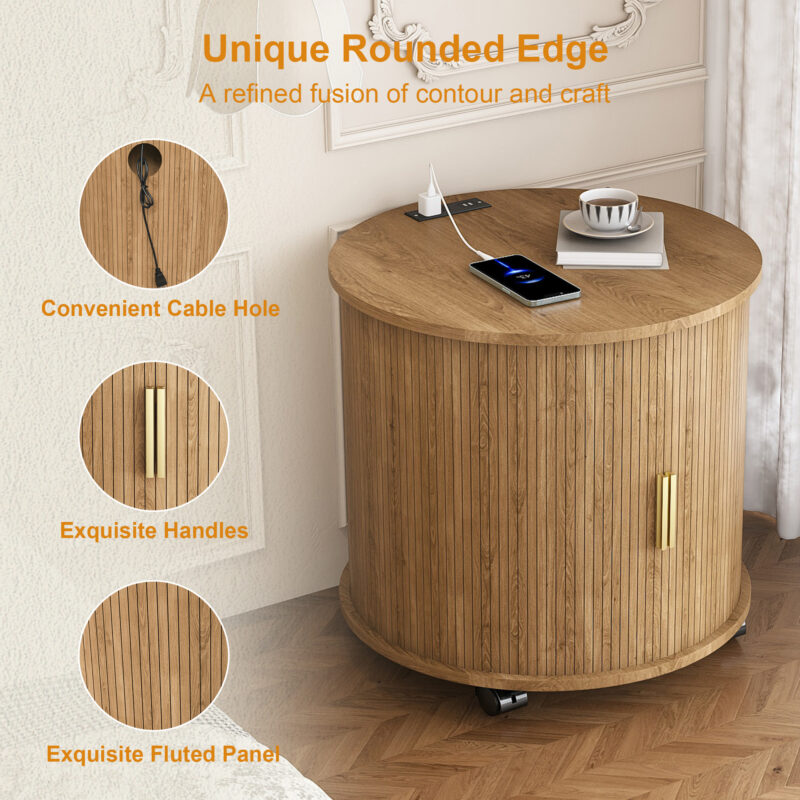 Mid Century Modern Cylinder End Table with Built-in Charging Station & Sliding Door, 2-Tier Storage Round Nightstand with USB Ports, Walnut Bedside Table for Living Room, Bedroom, Entryway - Image 23