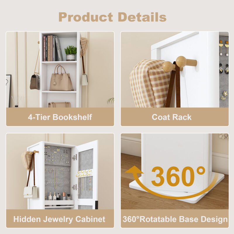 360° rotating makeup cabinet, jewelry cabinet with a full-length mirror, standing storage cabinet with a coat rack, 4 layers of open shelves and 2 layers of built-in shelves - Image 20