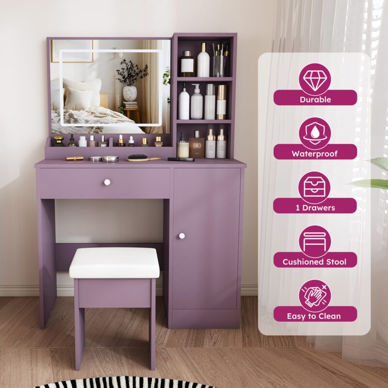 Stylish Vanity Desk Set with Padded Stool & Adjustable LED Lighted Mirror (3 Color Modes), Modern Bedroom Makeup Vanity Desk Combo, Purple - Image 5