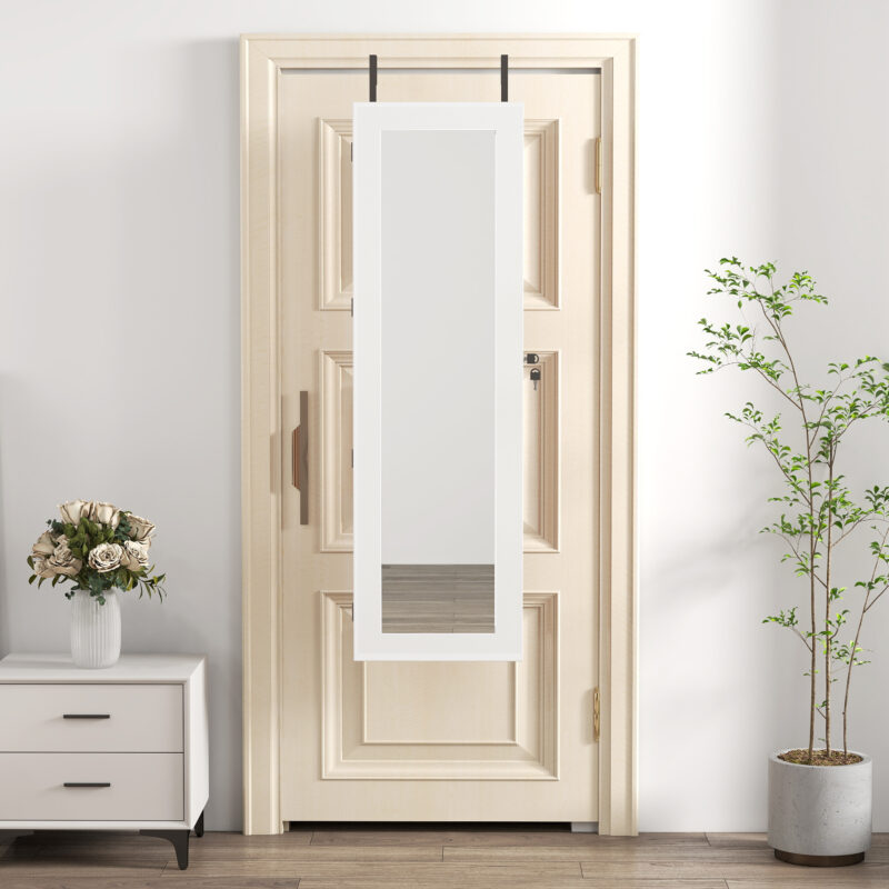 Solid Wood Jewelry Armoire Organizer Cabinet with Full-Length Mirror, 47.5x14.3 in Wall-Mounted Lockable with LED Light - Image 4
