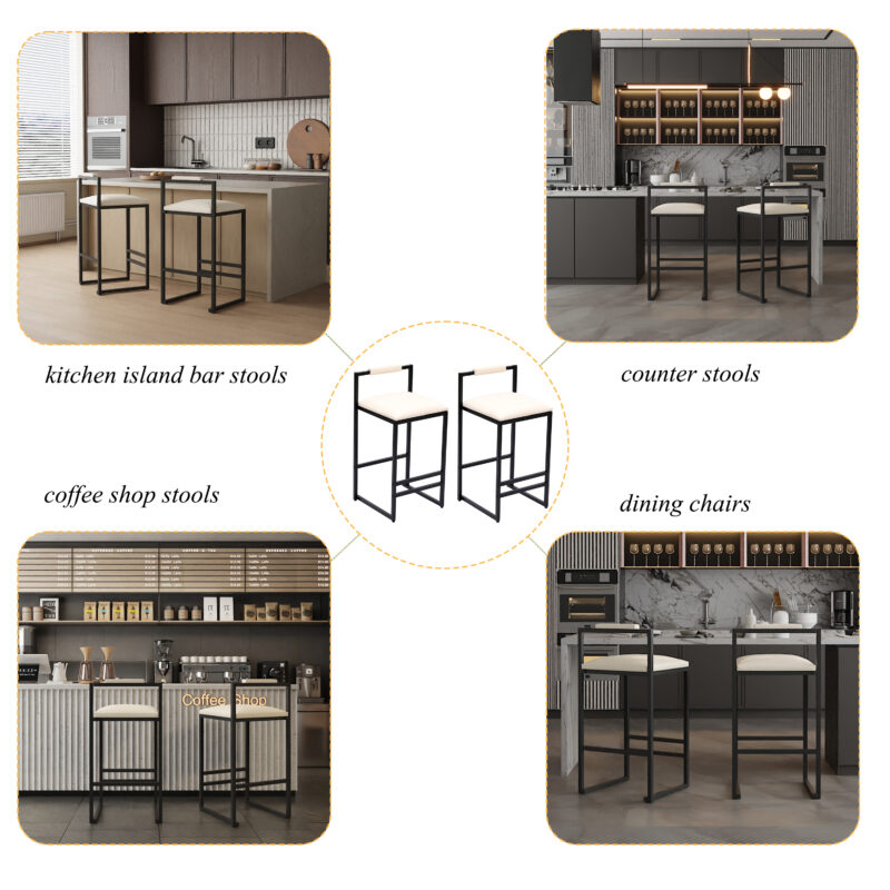 Set of 2 Barstools Faux Leather Upholstered Bar Stools Modern Metal Frame Dining Chairs for Counter, Kitchen Island - Image 6