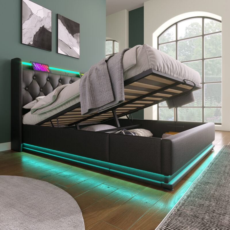 Full size Upholstered bed, 360 surround LED function, Buttons/Apps/Remote Control, hydraulic storage bed with USB Type-C charging, Black,PU (Without mattress) - Image 3