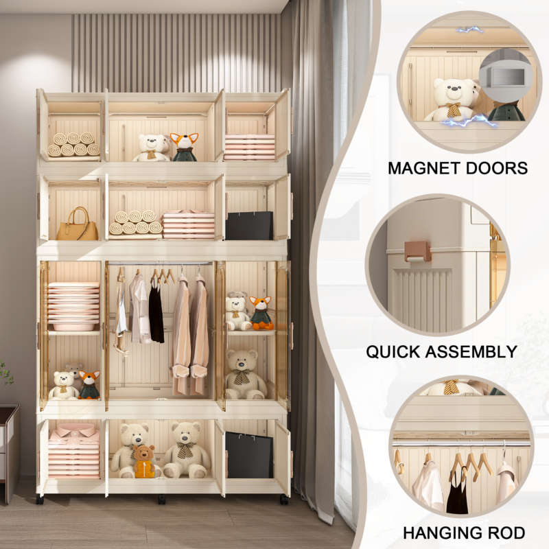 Portable Wardrobe Closet Storage Organizer for Clothes,Clothes Dresser,17 Magnetic Doors-17 Cubes & 1 Hanging Rod,6 pcs hangers , Baby Wardrobe Storage Cabinet,White - Image 13