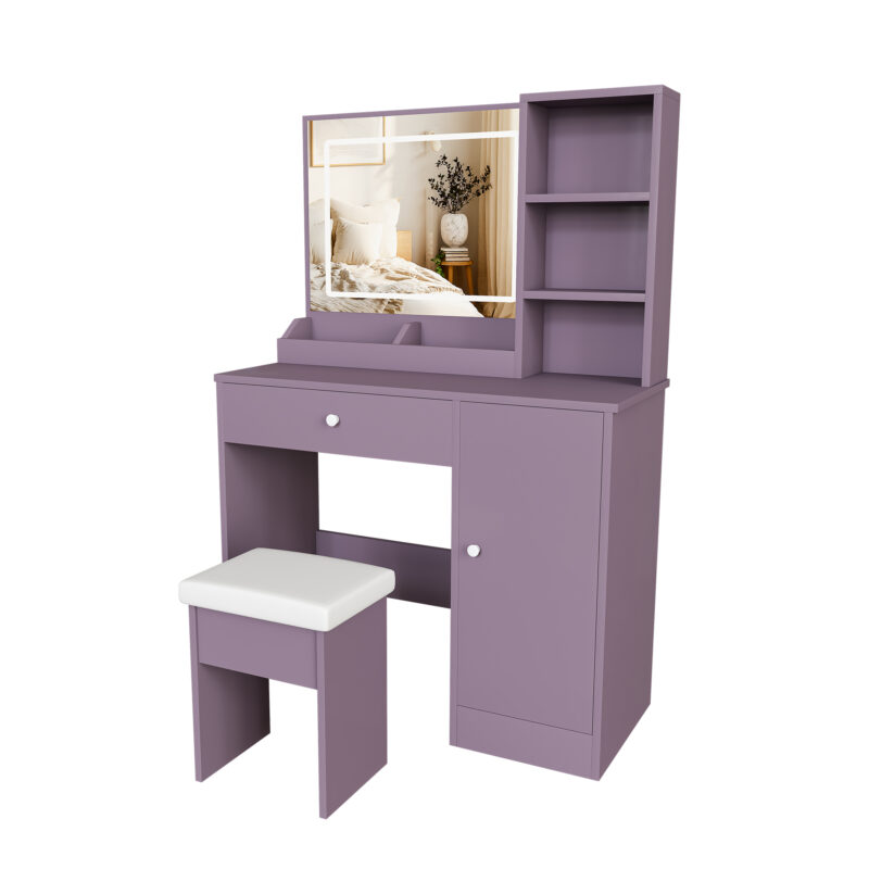 Stylish Vanity Desk Set with Padded Stool & Adjustable LED Lighted Mirror (3 Color Modes), Modern Bedroom Makeup Vanity Desk Combo, Purple - Image 4