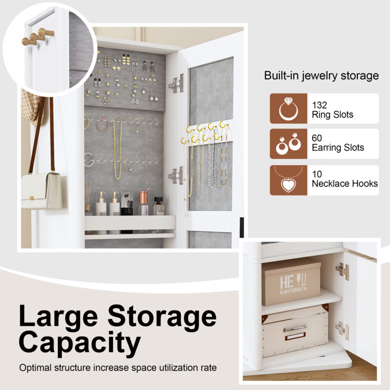 360° rotating makeup cabinet, jewelry cabinet with a full-length mirror, standing storage cabinet with a coat rack, 4 layers of open shelves and 2 layers of built-in shelves - Image 18