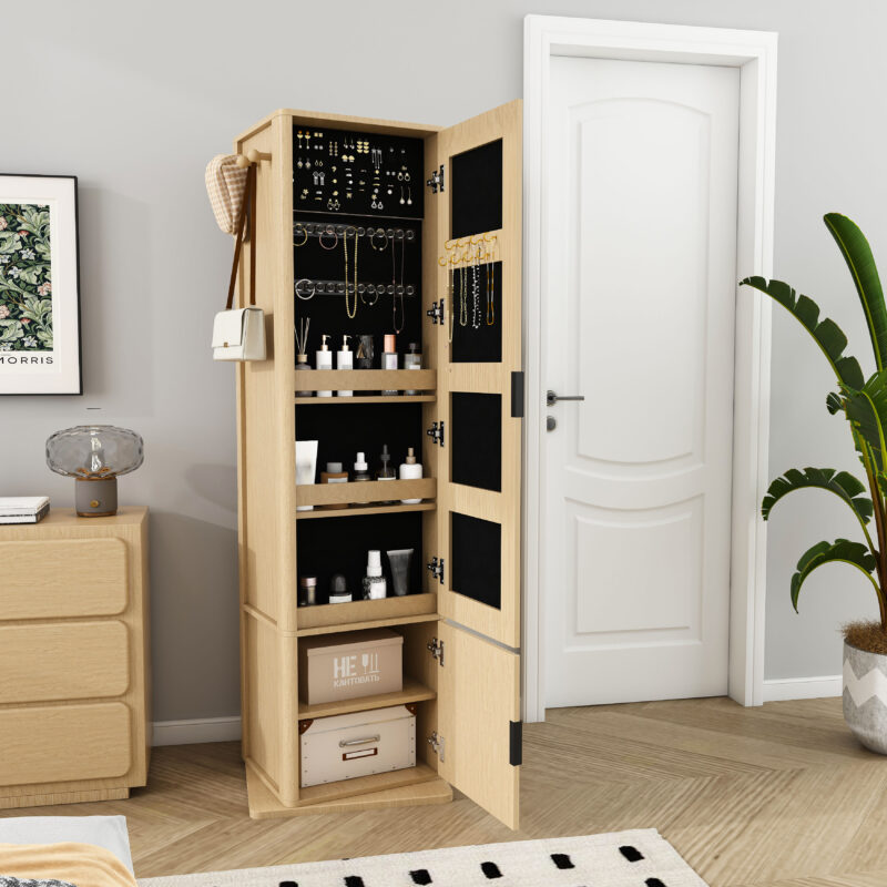 360° rotating makeup cabinet, jewelry cabinet with a full-length mirror, standing storage cabinet with a coat rack, 4 layers of open shelves and 2 layers of built-in shelves - Image 6