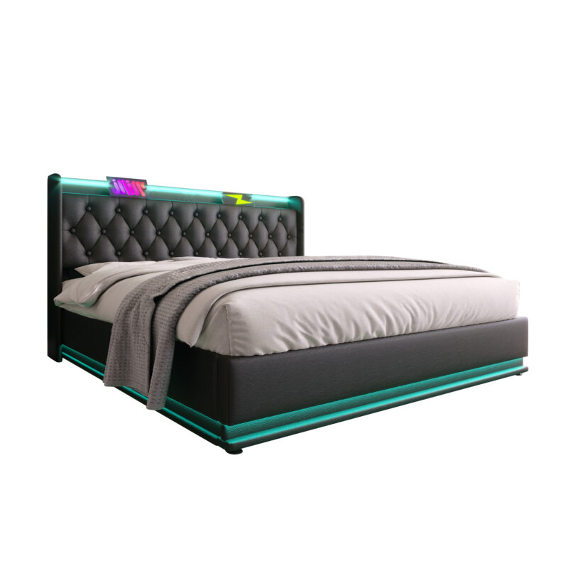 Full size Upholstered bed, 360 surround LED function, Buttons/Apps/Remote Control, hydraulic storage bed with USB Type-C charging, Black,PU (Without mattress) - Image 13