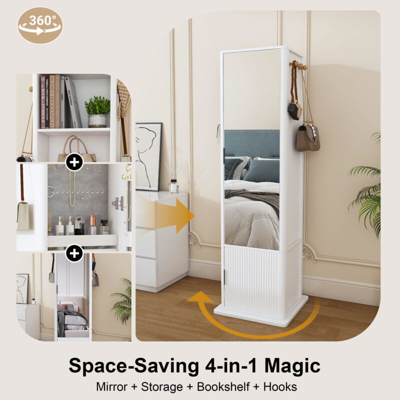 360° rotating makeup cabinet, jewelry cabinet with a full-length mirror, standing storage cabinet with a coat rack, 4 layers of open shelves and 2 layers of built-in shelves - Image 17