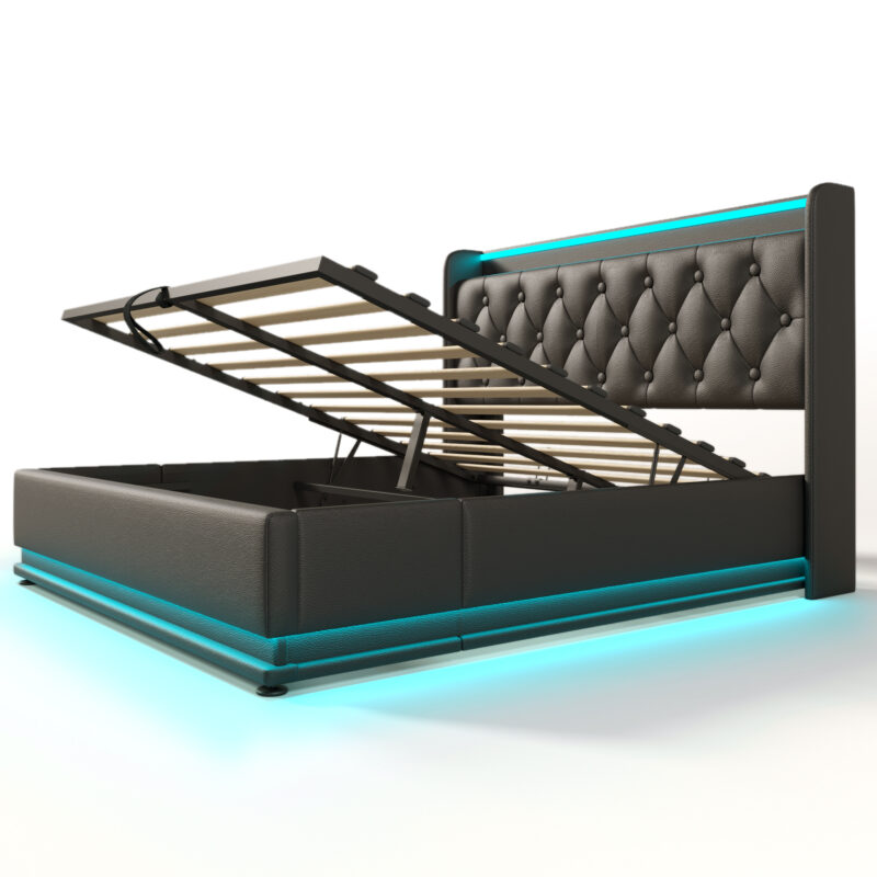 Full size Upholstered bed, 360 surround LED function, Buttons/Apps/Remote Control, hydraulic storage bed with USB Type-C charging, Black,PU (Without mattress) - Image 17