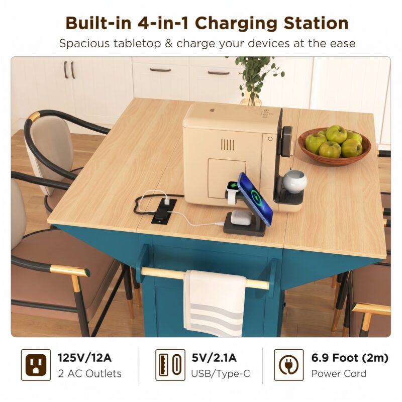 K&K 55.7'' Large Kitchen Island with 2 Drop Leaf,, Rolling Kitchen Cart on 5 Wheels with Power Outlet, Folding Storage Dining Table with Spice & Towel Rack , 3 Drawers, for Kitchen, Dining Room - Image 6