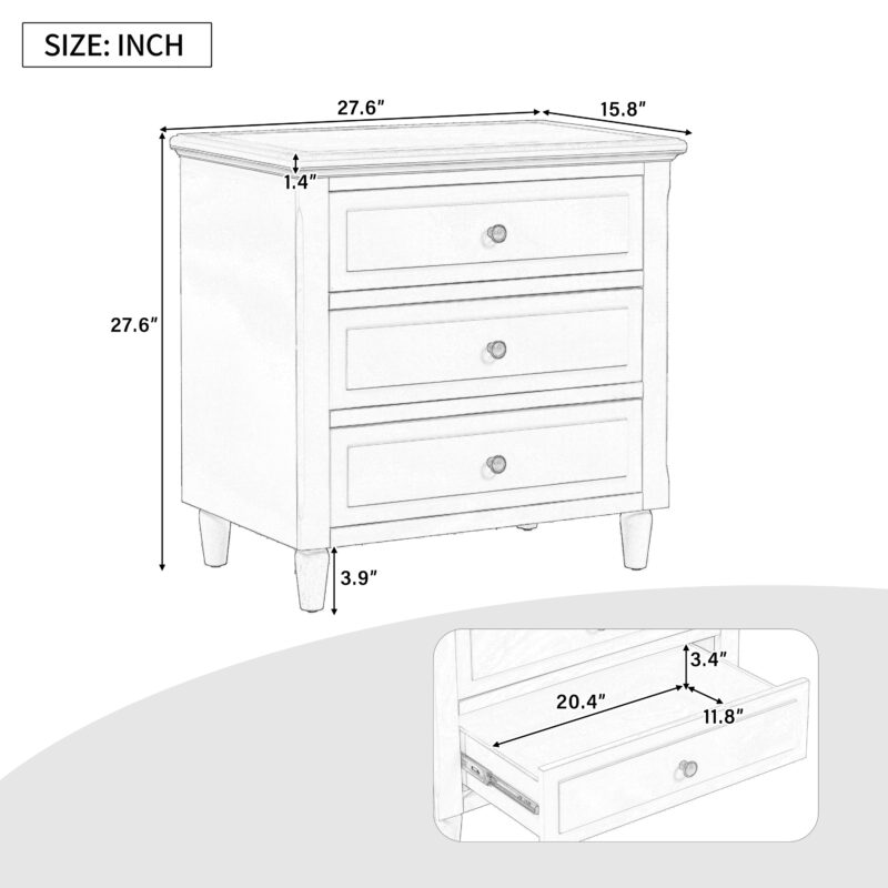 U_STYLE 28''Pine Wood Nightstand with 3 Drawers and Smooth Gliding Rails ,Simple Bedside Cabinet with Metal handle, Minimalist Sofa Side Table with rubber legs for Bedroom Sofa Couch Office - Image 14