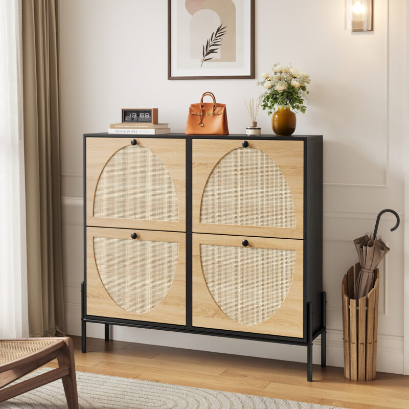 Space-Saving Rattan Shoe Cabinet with 4 Flip-Down Doors – Elegant Narrow Storage for Entryways & Hallways - Image 3