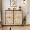 Space-Saving Rattan Shoe Cabinet with 4 Flip-Down Doors – Elegant Narrow Storage for Entryways & Hallways