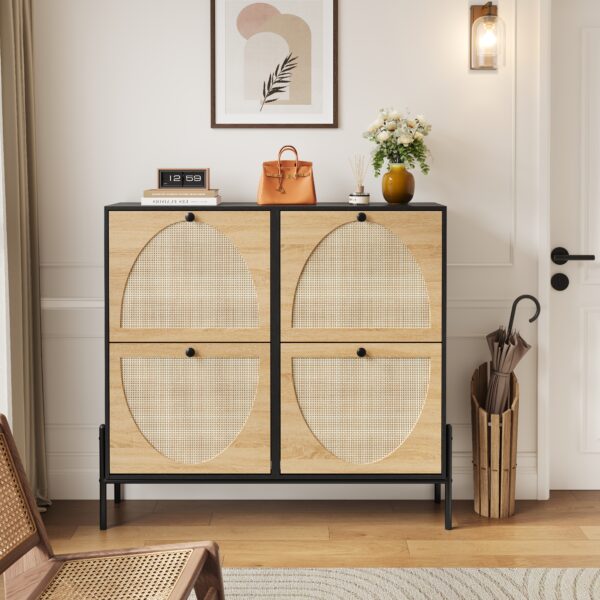 Space-Saving Rattan Shoe Cabinet with 4 Flip-Down Doors – Elegant Narrow Storage for Entryways & Hallways