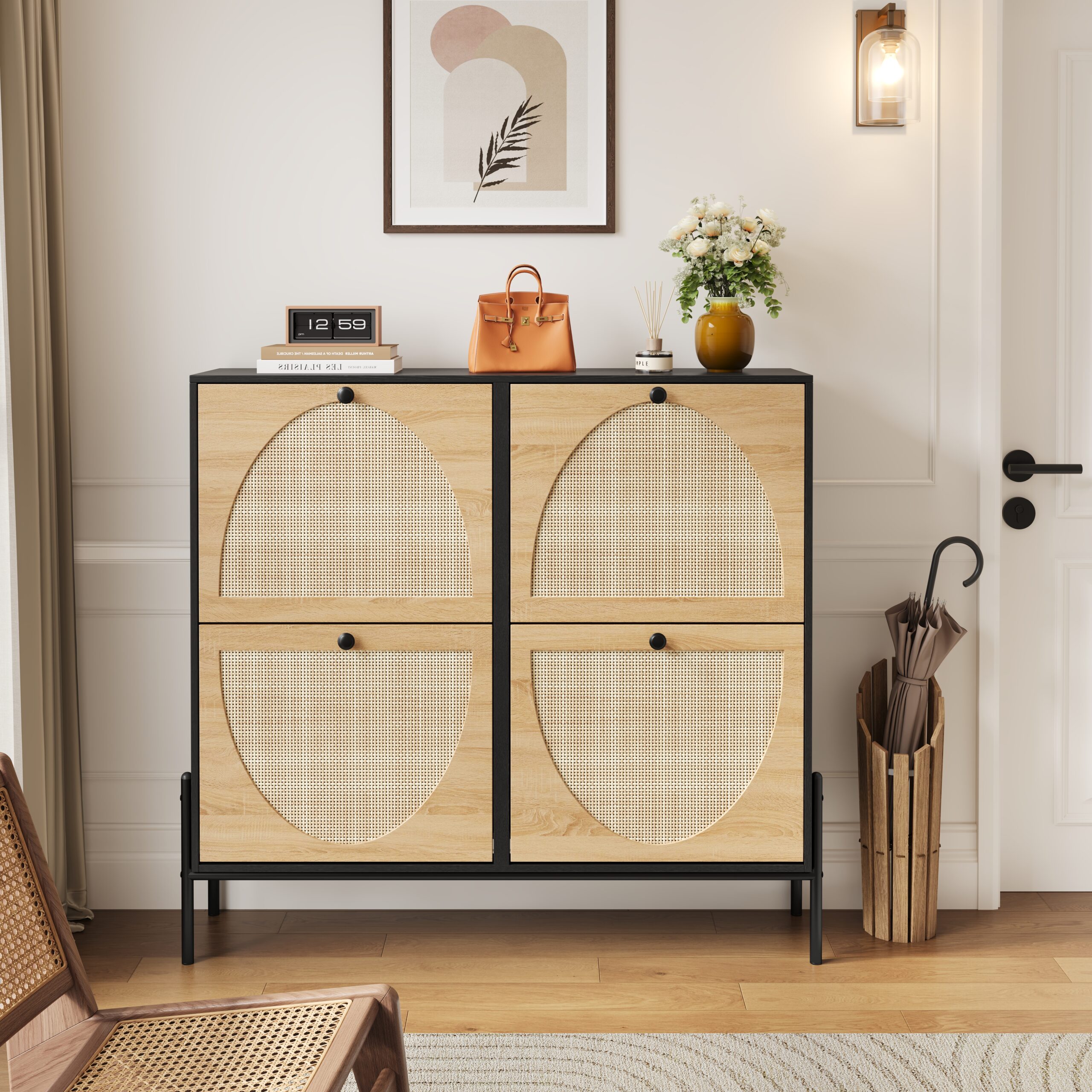 SRY-JY322-BO (2) Space-Saving Rattan Shoe Cabinet with 4 Flip-Down Doors – Elegant Narrow Storage for Entryways & Hallways - Image 1