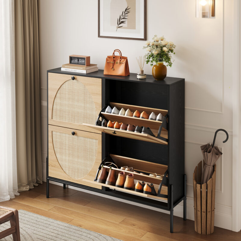 Space-Saving Rattan Shoe Cabinet with 4 Flip-Down Doors – Elegant Narrow Storage for Entryways & Hallways - Image 2