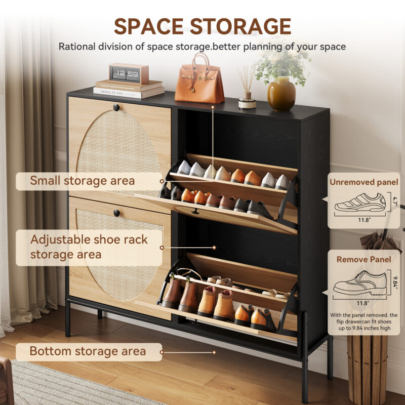 Space-Saving Rattan Shoe Cabinet with 4 Flip-Down Doors – Elegant Narrow Storage for Entryways & Hallways - Image 5