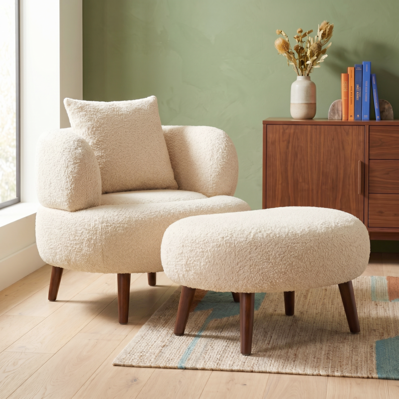 Nordic Style Lazy-Style clubchair 36 Inches Chenille Fabric Bucket Chair Decorative chair Soft Cushion with pillow with ottoman for Living Room Study and Relaxation Room - Image 3