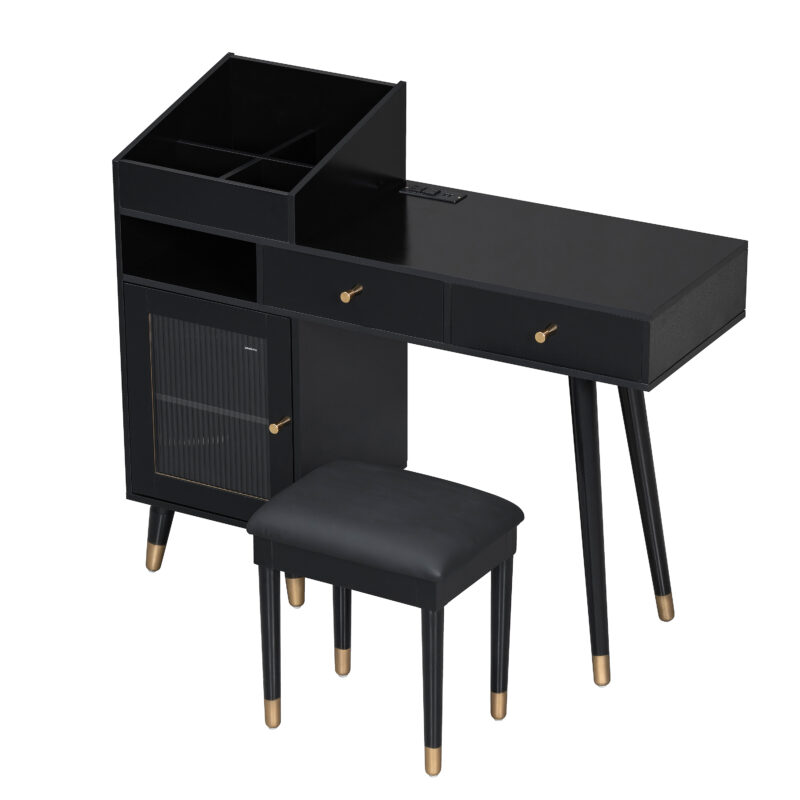 Modern Makeup Vanity Desk with Drawers, Cabinet & Charging Port, Space-saving Dressing Table Set with Stool for Small Places, Black - Image 3