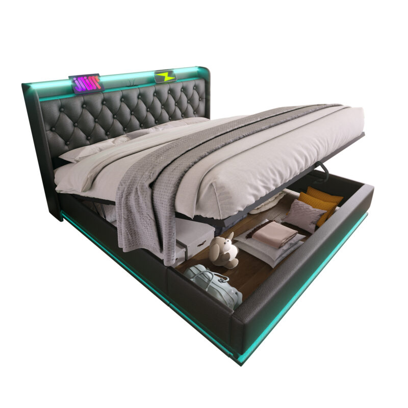 Full size Upholstered bed, 360 surround LED function, Buttons/Apps/Remote Control, hydraulic storage bed with USB Type-C charging, Black,PU (Without mattress) - Image 14