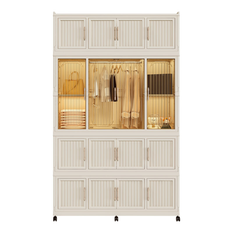 Portable Wardrobe Closet Storage Organizer for Clothes,Clothes Dresser,17 Magnetic Doors-17 Cubes & 1 Hanging Rod,6 pcs hangers , Baby Wardrobe Storage Cabinet,White - Image 3