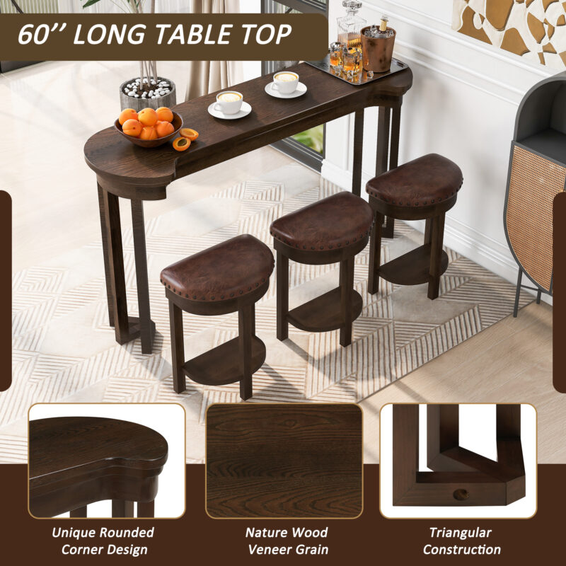 4 Piece Bar Table Set with3 PU Upholstered Bar Stools, Breakfast Table with 3 Padded Stools Solid Wood Counter Height Dining Table Set for Living Room, Dining Room - Image 18