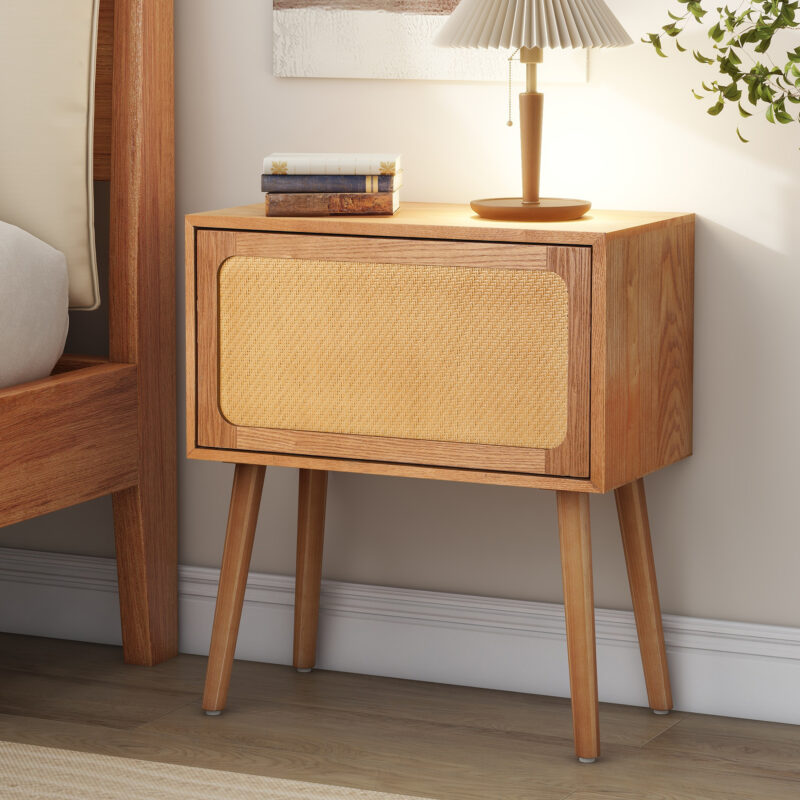 Rotating Hidden Compartment Nightstands, Mid Century Modern Concealment Furniture, Rattan Bed Side Table, Compartment End Table with Wood Legs, Bedside Tables for Bedroom, Living Room, Dorm - Image 2