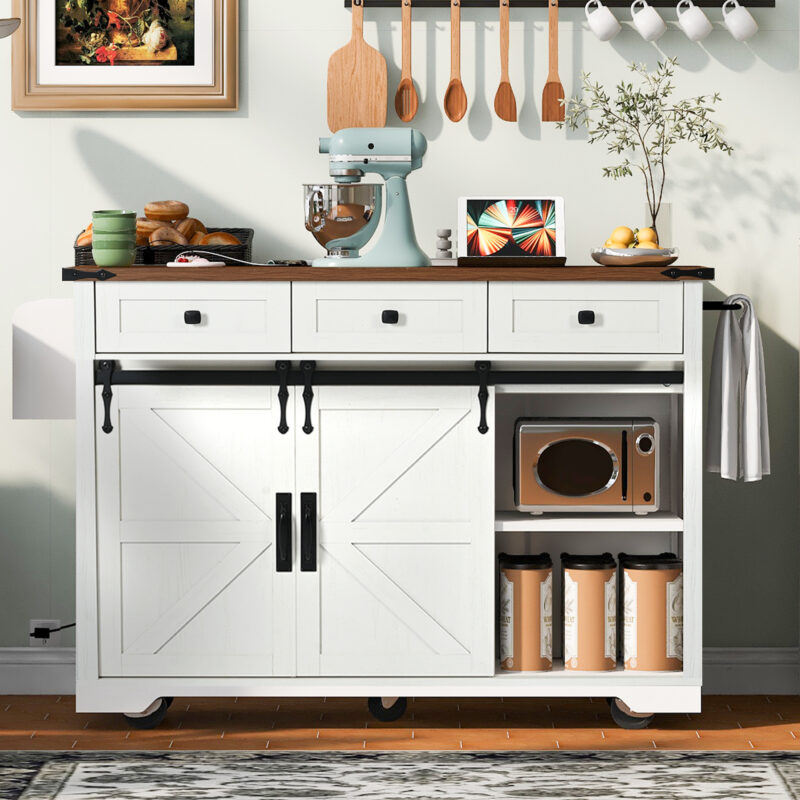 K&K 53.7" Farmhouse Kitchen Island with Power Outlet, 2 Sliding Barn Door Kitchen Storage Island with Drop Leaf, Spice Rack Rolling Kitchen Cart on Wheels, for Home, Kitchen and Dining Room - Image 2