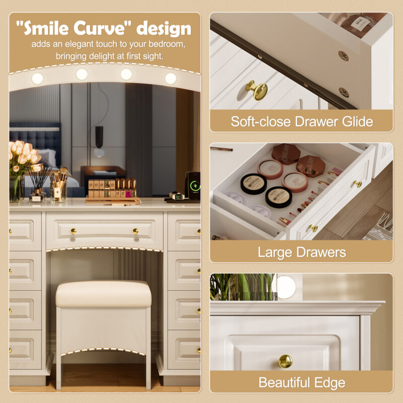 Luxurious Makeup Vanity with 10 Hollywood Bulbs, 3 Color Lighting Modes, Classic Dressing Table with Cushioned Stool and 9 Storage Drawers for Bedroom - Image 2