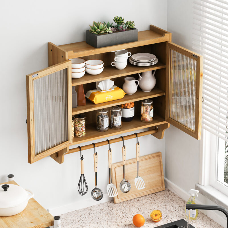 24.8"Glass Door Vintage Double Door Wall Cabinet with Three Tiers of Storage with Towel Rack, for Bathroom, Kitchen,Dining Room - Image 14