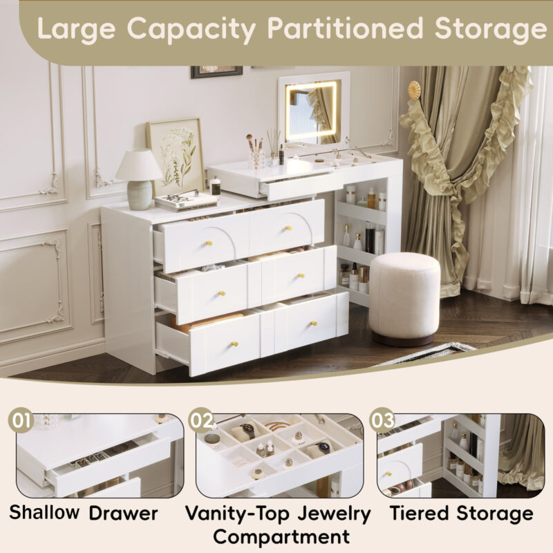 Vanity Desk with Mirror and Lights, Makeup Vanity Table with Flip-Top Tabletop and Storage 7 Drawers, 9 Compartments, 3 Shelves, 3 Color Modes Adjustable Makeup Table for Bedroom - Image 9