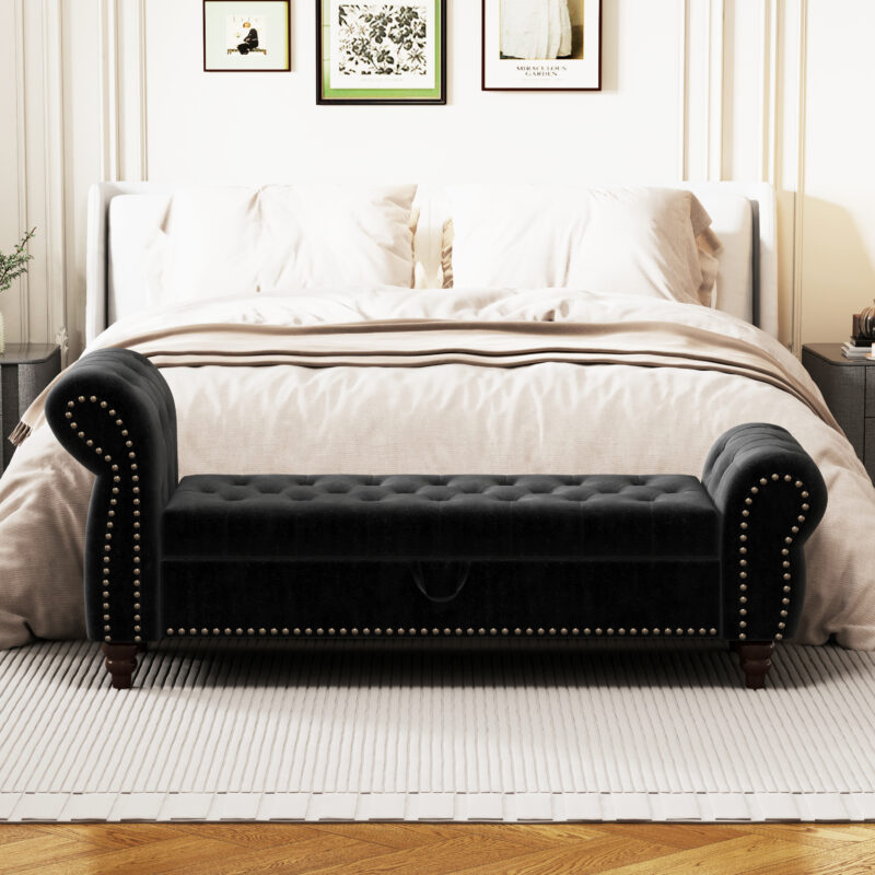 64.5" Bed Bench for Bed Room Nails Tufted Chaise of Lounge with Storage Velvet Upholstery Black - Image 4
