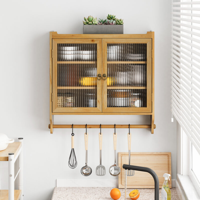 24.8"Glass Door Vintage Double Door Wall Cabinet with Three Tiers of Storage with Towel Rack, for Bathroom, Kitchen,Dining Room - Image 13