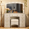 Luxurious Makeup Vanity with 10 Hollywood Bulbs, 3 Color Lighting Modes, Classic Dressing Table with Cushioned Stool and 9 Storage Drawers for Bedroom
