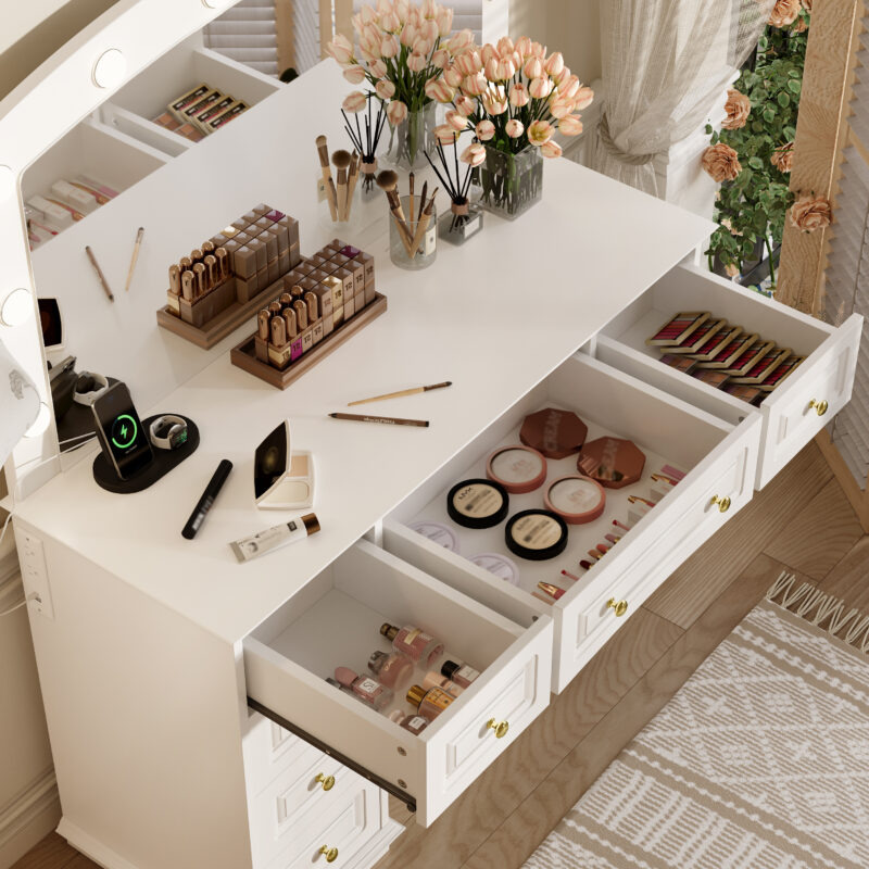 Luxurious Makeup Vanity with 10 Hollywood Bulbs, 3 Color Lighting Modes, Classic Dressing Table with Cushioned Stool and 9 Storage Drawers for Bedroom - Image 9