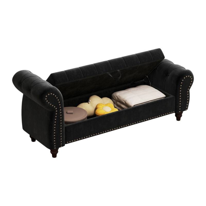 64.5" Bed Bench for Bed Room Nails Tufted Chaise of Lounge with Storage Velvet Upholstery Black - Image 11