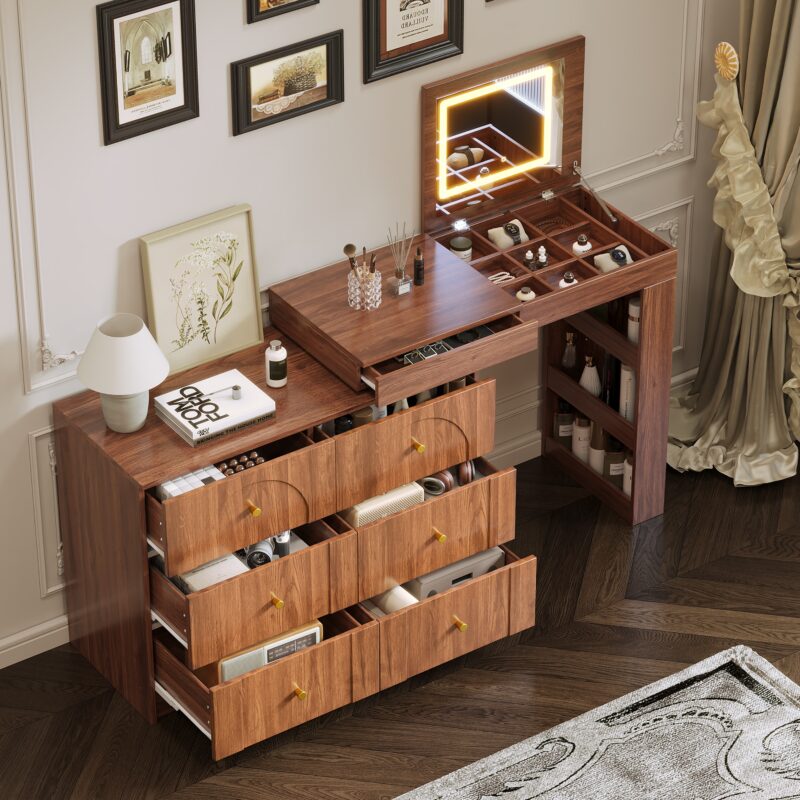 Vanity Desk with Mirror and Lights, Makeup Vanity Table with Flip-Top Tabletop and Storage 7 Drawers, 9 Compartments, 3 Shelves, 3 Color Modes Adjustable Makeup Table for Bedroom - Image 2
