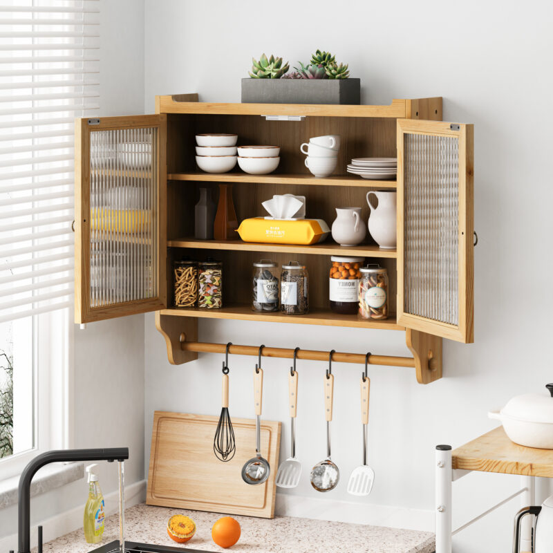 24.8"Glass Door Vintage Double Door Wall Cabinet with Three Tiers of Storage with Towel Rack, for Bathroom, Kitchen,Dining Room - Image 12