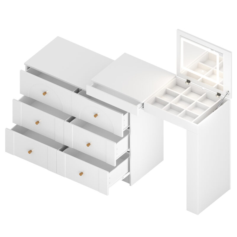 Vanity Desk with Mirror and Lights, Makeup Vanity Table with Flip-Top Tabletop and Storage 7 Drawers, 9 Compartments, 3 Shelves, 3 Color Modes Adjustable Makeup Table for Bedroom - Image 20